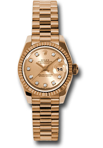 Rolex Pink Gold Lady-Datejust 26 Watch - Fluted Bezel - Pink Champagne Diamond Dial - President Bracelet - 179175 chdp