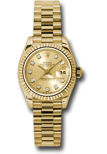 Rolex Yellow Gold Lady-Datejust 26 Watch - Fluted Bezel - Champagne Diamond Dial - President Bracelet - 179178 chdp