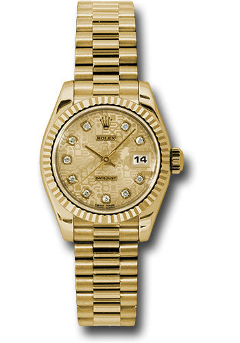 Rolex Yellow Gold Lady-Datejust 26 Watch - Fluted Bezel - Champagne Jubilee Diamond Dial - President Bracelet - 179178 chjdp