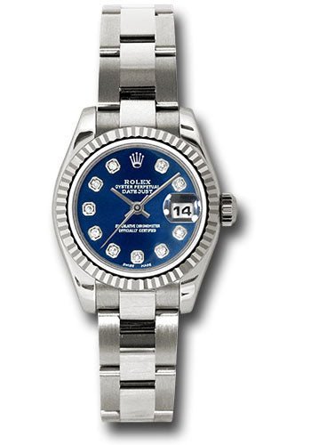 Rolex White Gold Lady-Datejust 26 Watch - Fluted Bezel - Blue Diamond Dial - Oyster Bracelet - 179179 bdo