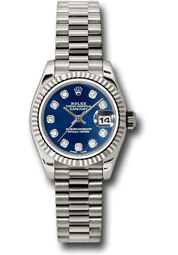 Rolex White Gold Lady-Datejust 26 Watch - Fluted Bezel - Blue Diamond Dial - President Bracelet - 179179 bdp