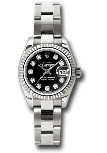Rolex White Gold Lady-Datejust 26 Watch - Fluted Bezel - Black Diamond Dial - Oyster Bracelet - 179179 bkdo
