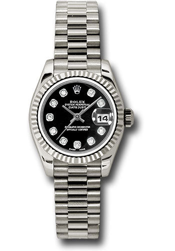 Rolex White Gold Lady-Datejust 26 Watch - Fluted Bezel - Black Diamond Dial - President Bracelet - 179179 bkdp