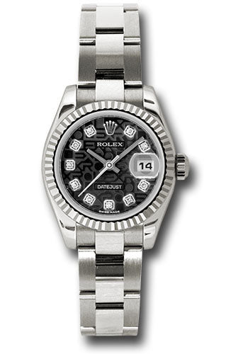Rolex White Gold Lady-Datejust 26 Watch - Fluted Bezel - Black Jubilee Diamond Dial - Oyster Bracelet - 179179 bkjdo