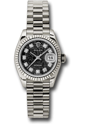 Rolex White Gold Lady-Datejust 26 Watch - Fluted Bezel - Black Jubilee Diamond Dial - President Bracelet - 179179 bkjdp