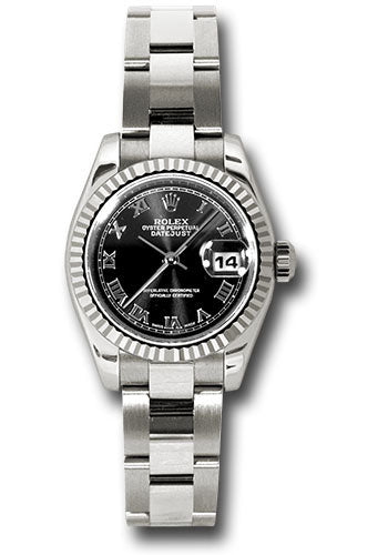 Rolex White Gold Lady-Datejust 26 Watch - Fluted Bezel - Black Roman Dial - Oyster Bracelet - 179179 bkro