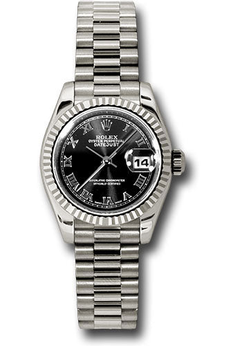 Rolex White Gold Lady-Datejust 26 Watch - Fluted Bezel - Black Roman Dial - President Bracelet - 179179 bkrp