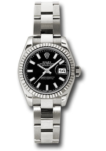 Rolex White Gold Lady-Datejust 26 Watch - Fluted Bezel - Black Index Dial - Oyster Bracelet - 179179 bkso