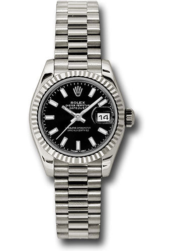 Rolex White Gold Lady-Datejust 26 Watch - Fluted Bezel - Black Index Dial - President Bracelet - 179179 bksp