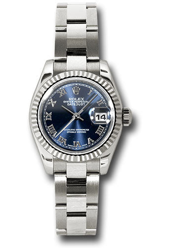 Rolex White Gold Lady-Datejust 26 Watch - Fluted Bezel - Blue Roman Dial - Oyster Bracelet - 179179 bro