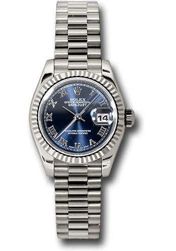 Rolex White Gold Lady-Datejust 26 Watch - Fluted Bezel - Blue Roman Dial - President Bracelet - 179179 brp