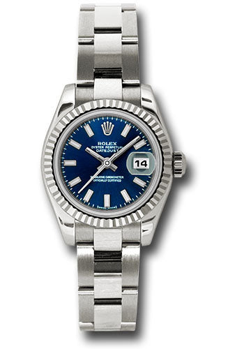 Rolex White Gold Lady-Datejust 26 Watch - Fluted Bezel - Blue Index Dial - Oyster Bracelet - 179179 bso