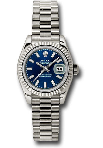 Rolex White Gold Lady-Datejust 26 Watch - Fluted Bezel - Blue Index Dial - President Bracelet - 179179 bsp