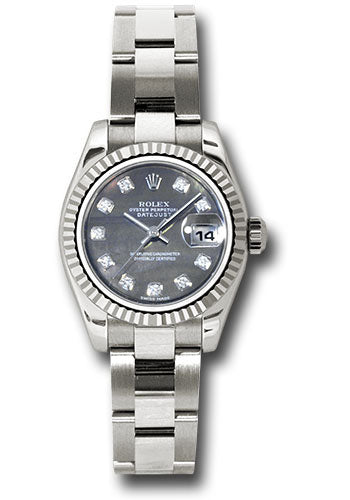 Rolex White Gold Lady-Datejust 26 Watch - Fluted Bezel - Black Mother-Of-Pearl Diamond Dial - Oyster Bracelet - 179179 dkmdo