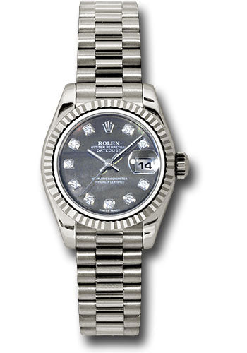 Rolex White Gold Lady-Datejust 26 Watch - Fluted Bezel - Black Mother-Of-Pearl Diamond Dial - President Bracelet - 179179 dkmdp