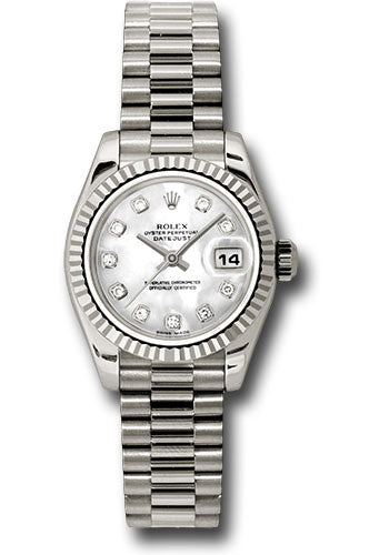 Rolex White Gold Lady-Datejust 26 Watch - Fluted Bezel - Mother-Of-Pearl Diamond Dial - President Bracelet - 179179 mdp