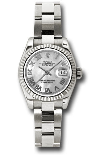 Rolex White Gold Lady-Datejust 26 Watch - Fluted Bezel - Mother-Of-Pearl Roman Dial - Oyster Bracelet - 179179 mro