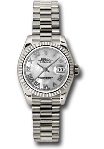 Rolex White Gold Lady-Datejust 26 Watch - Fluted Bezel - Mother-Of-Pearl Roman Dial - President Bracelet - 179179 mrp