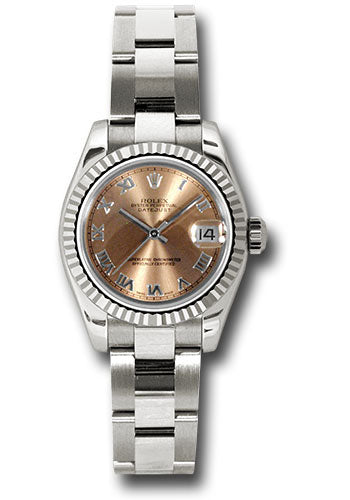 Rolex White Gold Lady-Datejust 26 Watch - Fluted Bezel - Pink Roman Dial - Oyster Bracelet - 179179 pro