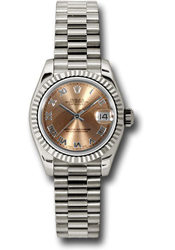 Rolex White Gold Lady-Datejust 26 Watch - Fluted Bezel - Pink Roman Dial - President Bracelet - 179179 prp