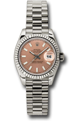 Rolex White Gold Lady-Datejust 26 Watch - Fluted Bezel - Pink Index Dial - President Bracelet - 179179 psp