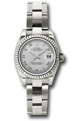 Rolex White Gold Lady-Datejust 26 Watch - Fluted Bezel - Silver Roman Dial - Oyster Bracelet - 179179 sro