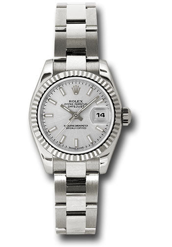 Rolex White Gold Lady-Datejust 26 Watch - Fluted Bezel - Silver Index Dial - Oyster Bracelet - 179179 sso