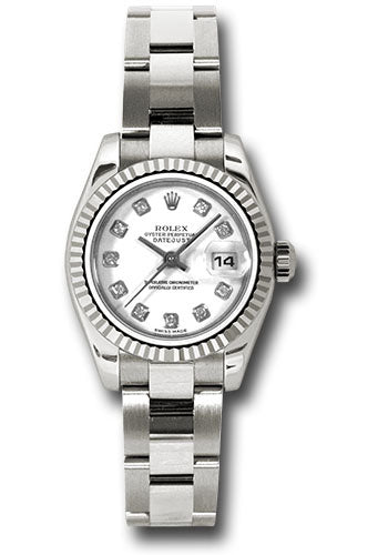 Rolex White Gold Lady-Datejust 26 Watch - Fluted Bezel - White Diamond Dial - Oyster Bracelet - 179179 wdo