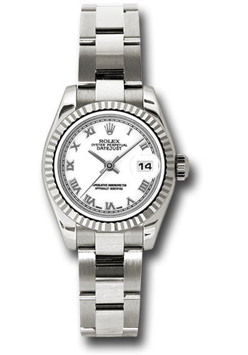 Rolex White Gold Lady-Datejust 26 Watch - Fluted Bezel - White Roman Dial - Oyster Bracelet - 179179 wro