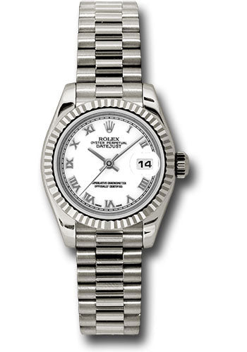 Rolex White Gold Lady-Datejust 26 Watch - Fluted Bezel - White Roman Dial - President Bracelet - 179179 wrp