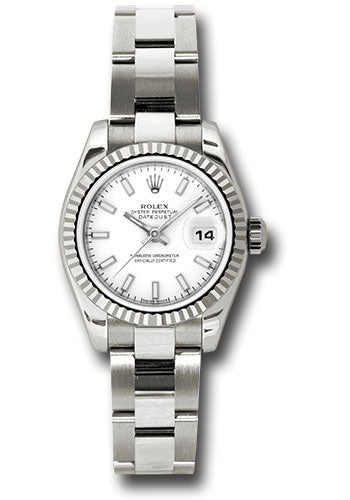 Rolex White Gold Lady-Datejust 26 Watch - Fluted Bezel - White Index Dial - Oyster Bracelet - 179179 wso