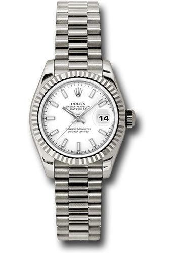 Rolex White Gold Lady-Datejust 26 Watch - Fluted Bezel - White Index Dial - President Bracelet - 179179 wsp
