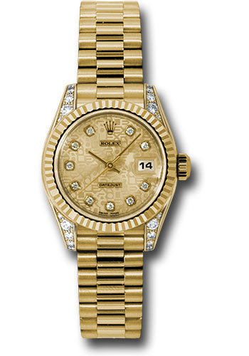 Rolex Yellow Gold Lady-Datejust 26 Watch - Fluted Bezel - Champagne Jubilee Diamond Dial - President Bracelet - 179238 chjdp