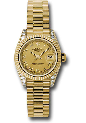 Rolex Yellow Gold Lady-Datejust 26 Watch - Fluted Bezel - Champagne Roman Dial - President Bracelet - 179238 chrp