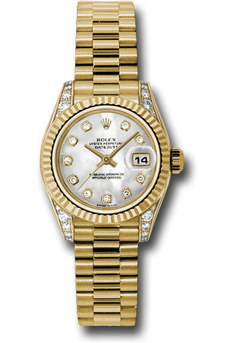 Rolex Yellow Gold Lady-Datejust 26 Watch - Fluted Bezel - Mother-Of-Pearl Diamond Dial - President Bracelet - 179238 mdp