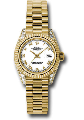 Rolex Yellow Gold Lady-Datejust 26 Watch - Fluted Bezel - White Roman Dial - President Bracelet - 179238 wrp