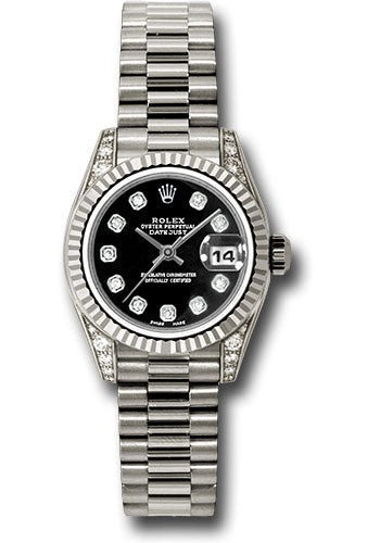 Rolex White Gold Lady-Datejust 26 Watch - Fluted Bezel - Black Diamond Dial - President Bracelet - 179239 bkdp