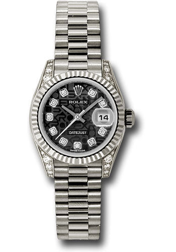 Rolex White Gold Lady-Datejust 26 Watch - Fluted Bezel - Black Jubilee Diamond Dial - President Bracelet - 179239 bkjdp