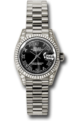Rolex White Gold Lady-Datejust 26 Watch - Fluted Bezel - Black Roman Dial - President Bracelet - 179239 bkrp