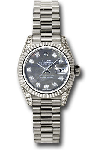 Rolex White Gold Lady-Datejust 26 Watch - Fluted Bezel - Dark Mother-Of-Pearl Diamond Dial - President Bracelet - 179239 dkmdp