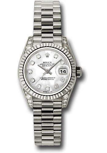 Rolex White Gold Lady-Datejust 26 Watch - Fluted Bezel - Mother-Of-Pearl Diamond Dial - President Bracelet - 179239 mdp