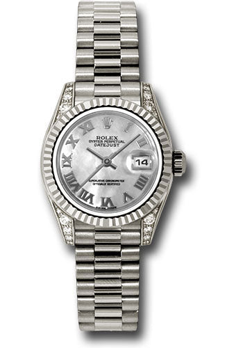 Rolex White Gold Lady-Datejust 26 Watch - Fluted Bezel - Mother-Of-Pearl Roman Dial - President Bracelet - 179239 mrp