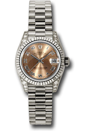 Rolex White Gold Lady-Datejust 26 Watch - Fluted Bezel - Pink Roman Dial - President Bracelet - 179239 prp
