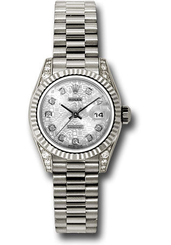 Rolex White Gold Lady-Datejust 26 Watch - Fluted Bezel - Silver Jubilee Diamond Dial - President Bracelet - 179239 sjdp