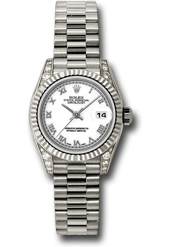 Rolex White Gold Lady-Datejust 26 Watch - Fluted Bezel - White Roman Dial - President Bracelet - 179239 wrp