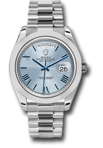Rolex 950 Platinum Day-Date 40 Watch - Smooth Bezel - Ice Blue Quadrant Motif Bevelled Roman Dial - President Bracelet - 228206 ibqmrp