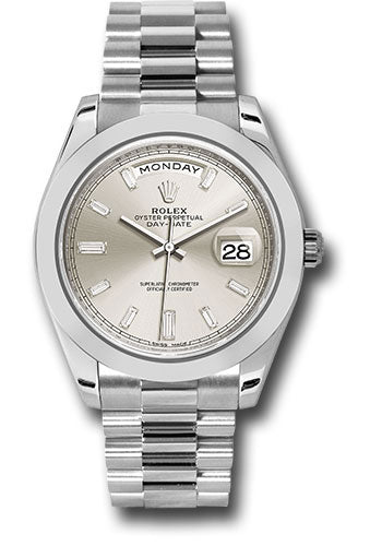 Rolex 950 Platinum Day-Date 40 Watch - Smooth Bezel - Silver Baguette Diamond Dial - President Bracelet - 228206 sbdp
