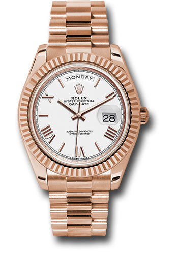 Rolex Everose Gold Day-Date 40 Watch - Fluted Bezel - White Bevelled Roman Dial - President Bracelet - 228235 wrp