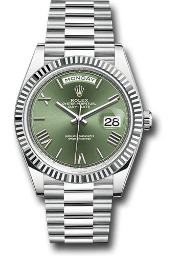 Rolex Platinum Day-Date 40 Watch - Fluted Bezel - Olive Green Roman 6 Dial - President Bracelet - 228236 ogrp