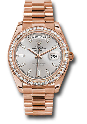 Rolex Everose Gold Day-Date 40 Watch - Everose Gold Bezel - Sundust Baguette-Cut Diamond Dial - President Bracelet - 228345RBR sdbdp